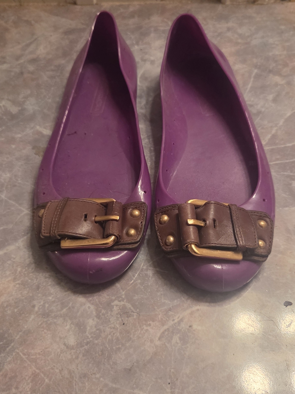 BCBGMaxAzria Purple Ballet Flats with Brown Buckle Trim